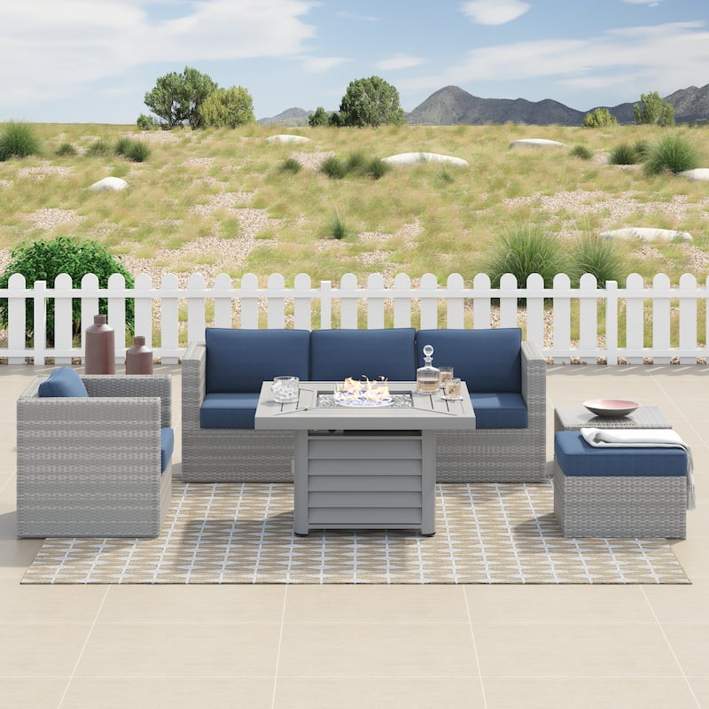 Corvus Kipling 7-piece Resin Wicker Patio Sectional Conversation Fire Pit Set