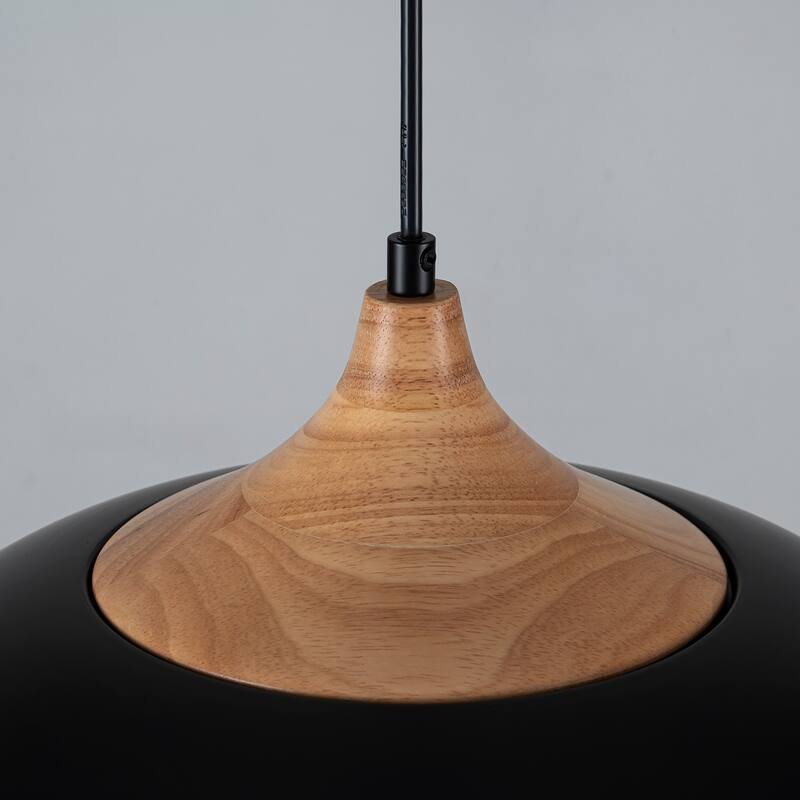 Farmhouse Matte Black Dome Pendat Light with Wood - 13.8