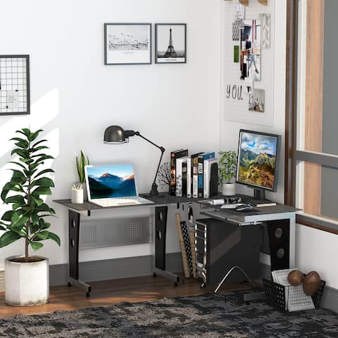 HOMCOM L-Shaped Corner Computer Desk Gaming Table Home Office Workstation Glass Top P2 MDF with Keyboard Tray - Black