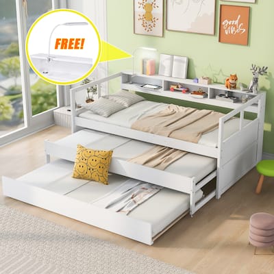 Twin XL Daybed with 2 Trundles, USB Charging Station, 3 Storage Cubbies, and Free Light, Solid Wood Construction