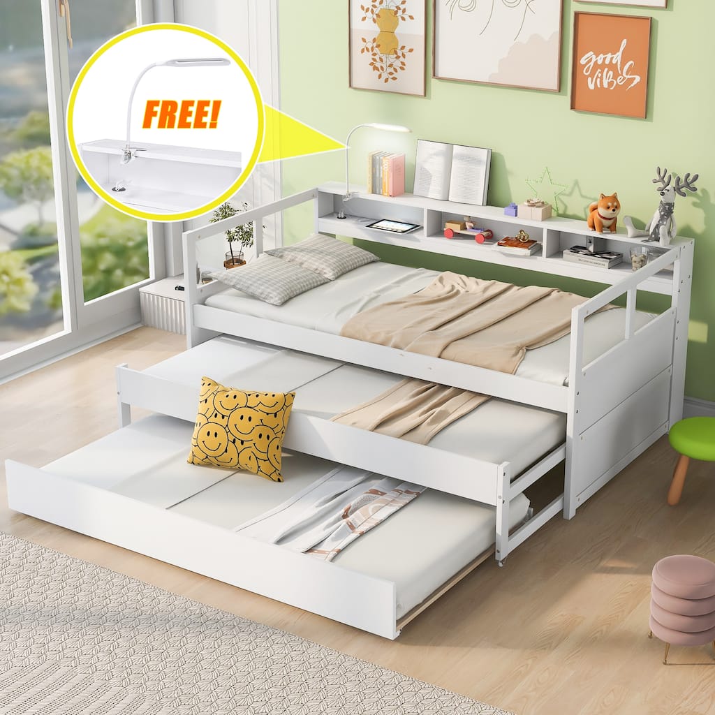 Twin XL Daybed with Dual Trundles, 3 Storage Cubbies, USB Charger, and Light
