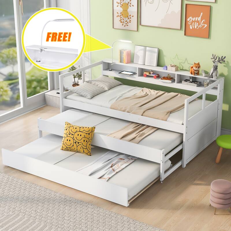 Twin XL Wood Daybed with Trundles, Storage, USB Charging, and Light, White