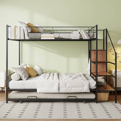 Twin Over Full Metal Bunk Bed with Trundle and Lateral Storage Ladder and Wardrobe, Black