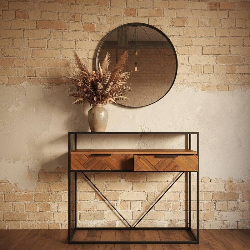 Vintage Industrial Dark Brown Wood Console Table