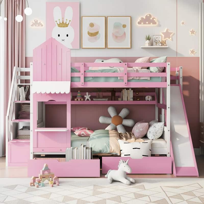 Merax Castle Style Bunk Bed with 2 Drawers 3 Shelves and Slide