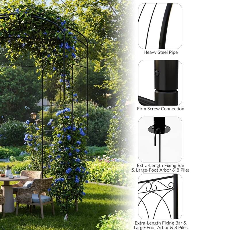 Birdcage 8.8 ft Black Metal Garden Arbor Pergola for Climbing Roses & Vines