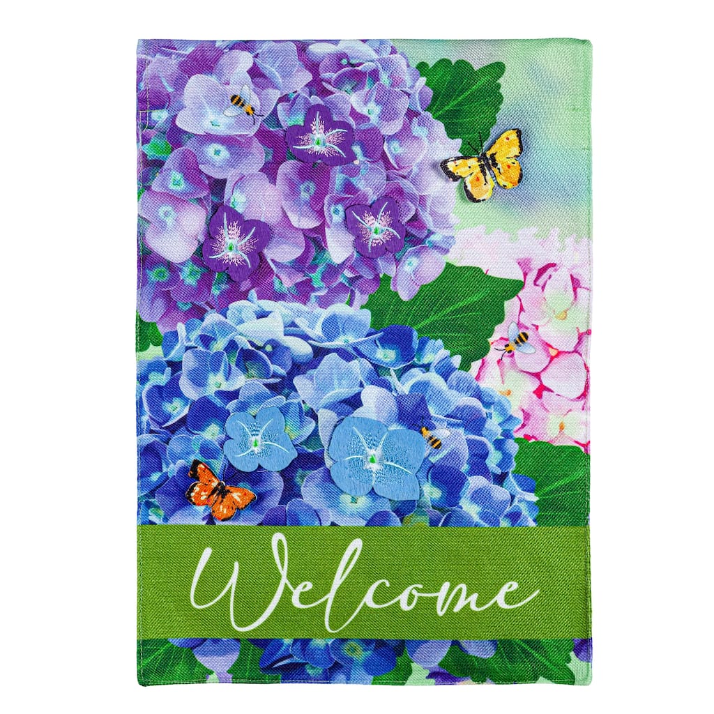 Hydrangea and Butterfly Welcome Garden Burlap Flag