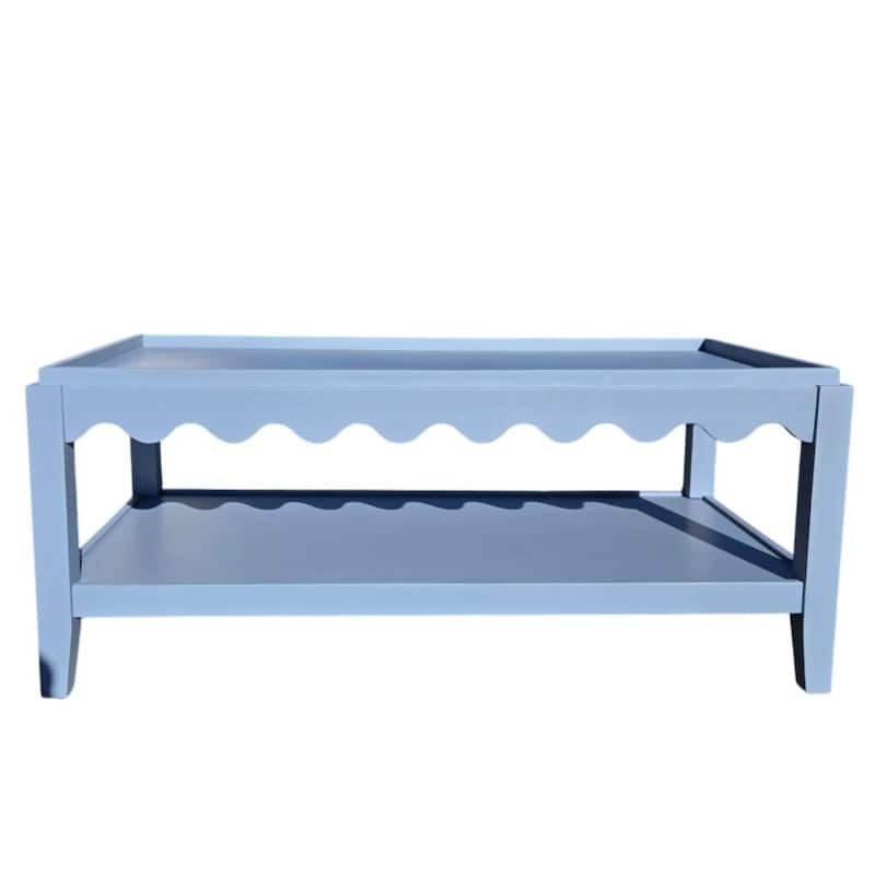 Carolina Chair & Table Scallop Coffee Table - Rectangular Mango Wood Side Table - Decorative Edge and Lower Shelf - Light Blue