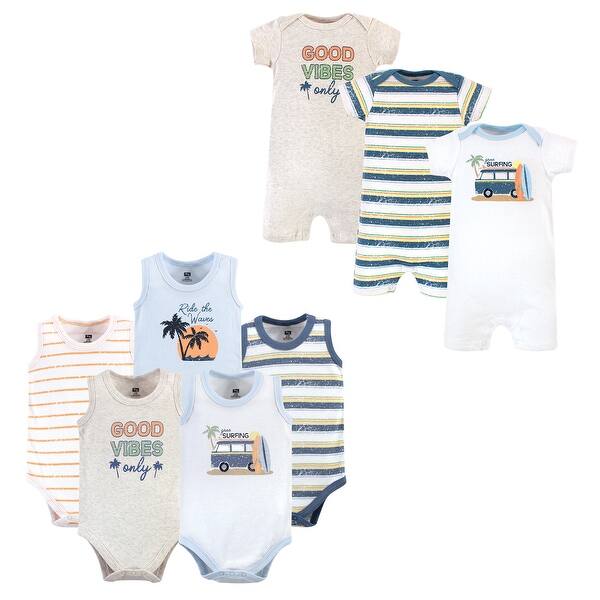 slide 1 of 1, Hudson Baby Infant Boy Cotton Bodysuits and Rompers, 8-Piece, Gone Surfing 0 - 3 Months - Blue