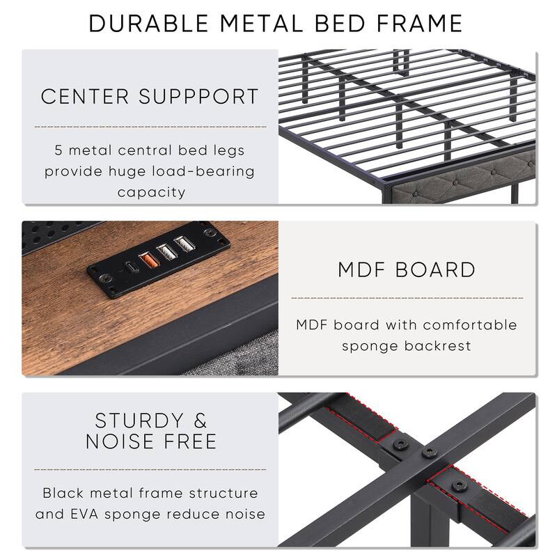 Full Upholstered Platform Bed with LED Headboard, USB Charging Station, Storage Shelf and Noise-Free Metal Slats