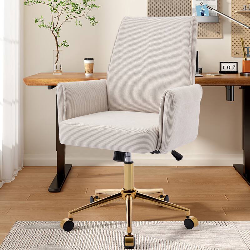 Mid-back liftable office chair, striped fabric, and ergonomically designed for working, studying or relaxing - White