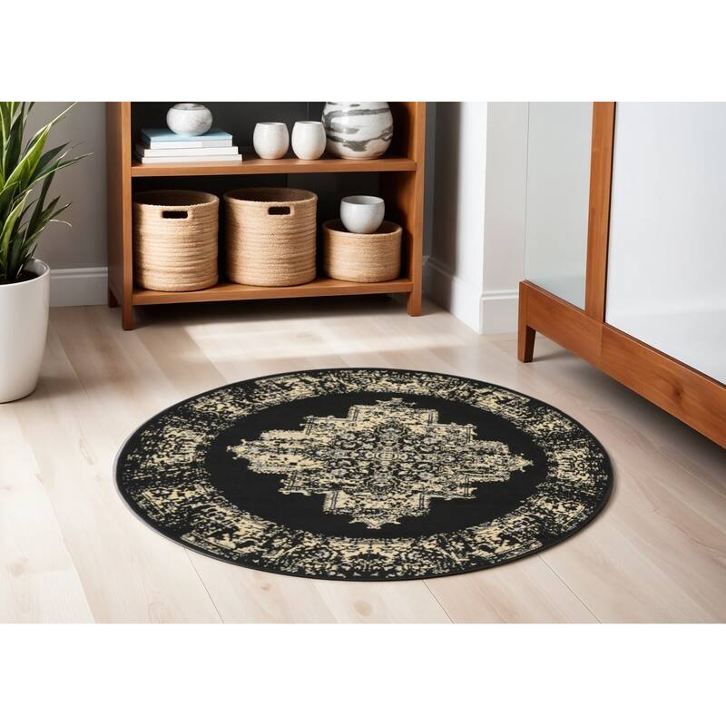 Lomet Power Loomed Distressed Geometric Non Skid Stain Resistant Area Rug By HomeRoots - 63' X '63' X '0.5 - 63' X '63' X '0.5 - Tan - Round