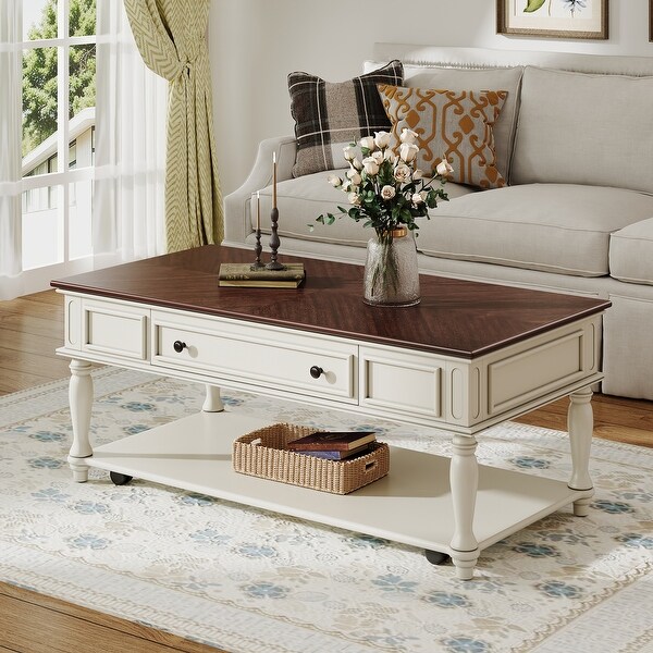 Retro Farmhouse Coffee Table with Lockable Wheels , Solid Wood