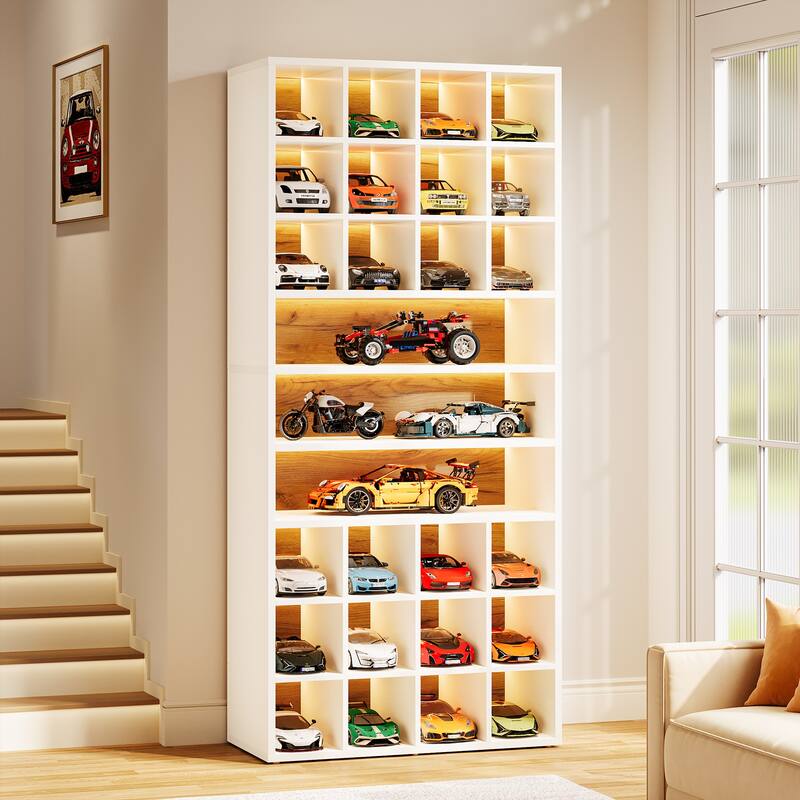 Display Cabinet with LED Lighting, Tall Wooden Toy Organizers Rack