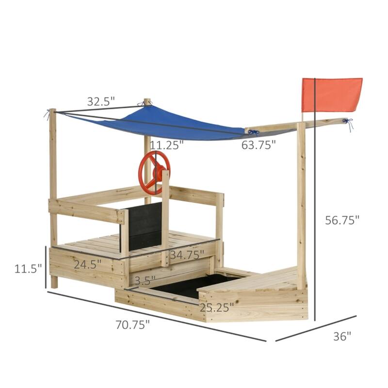 Children’s Boat Sandbox with Canopy Blackboard Rudder and Side Seats for Kids Ages 3 to 8 Years - 70.75" L x 36" W x 56.75" H
