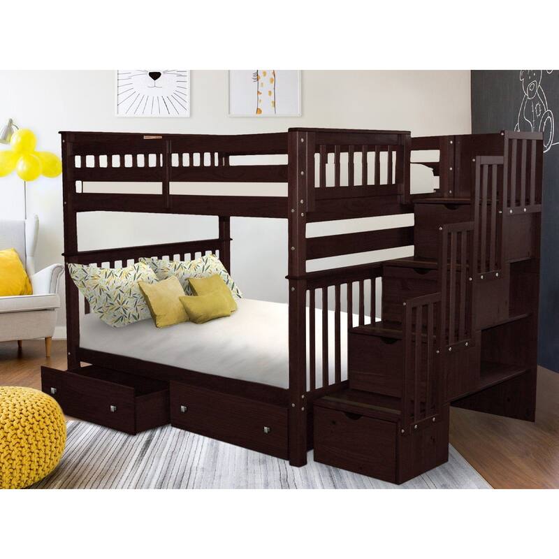 Taylor & Olive Trillium Full over Full Stairway Bunk Bed, 2 Drawers - Dark Cherry