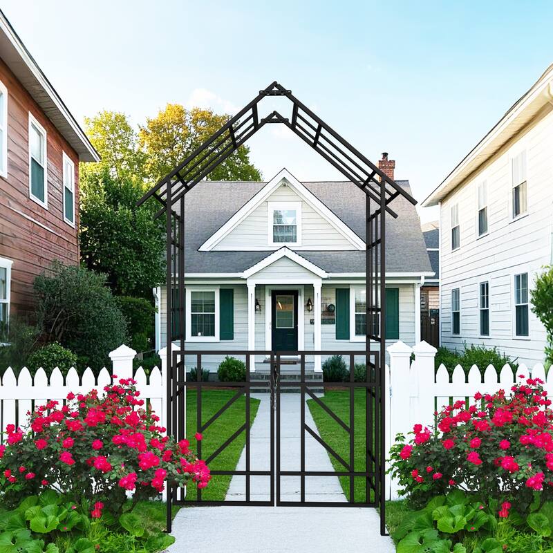 Metal Garden Arch with Gate W58.07*H97.24 Climbing Plants Support Rose Arch Outdoor
