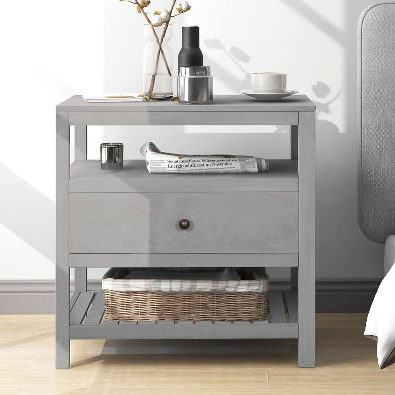 Wooden Nightstand with Drawers Storage - Grey