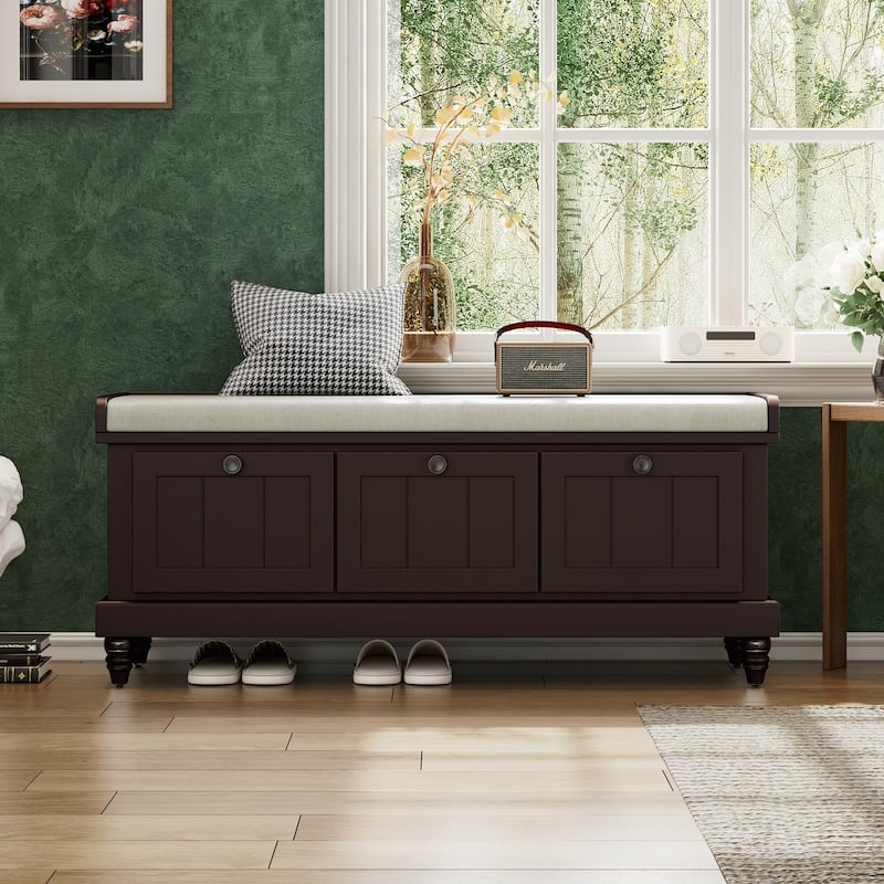 Classic Shoe Bench with Cushion and Three Drawers, Fluted Entryway Bench with Storage for Living Room, Entryway, and Hallways