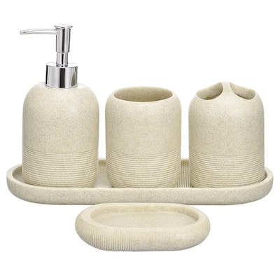 5pc Bathroom Accessories Set Stone Toothbrush Tumbler Holder - Beige
