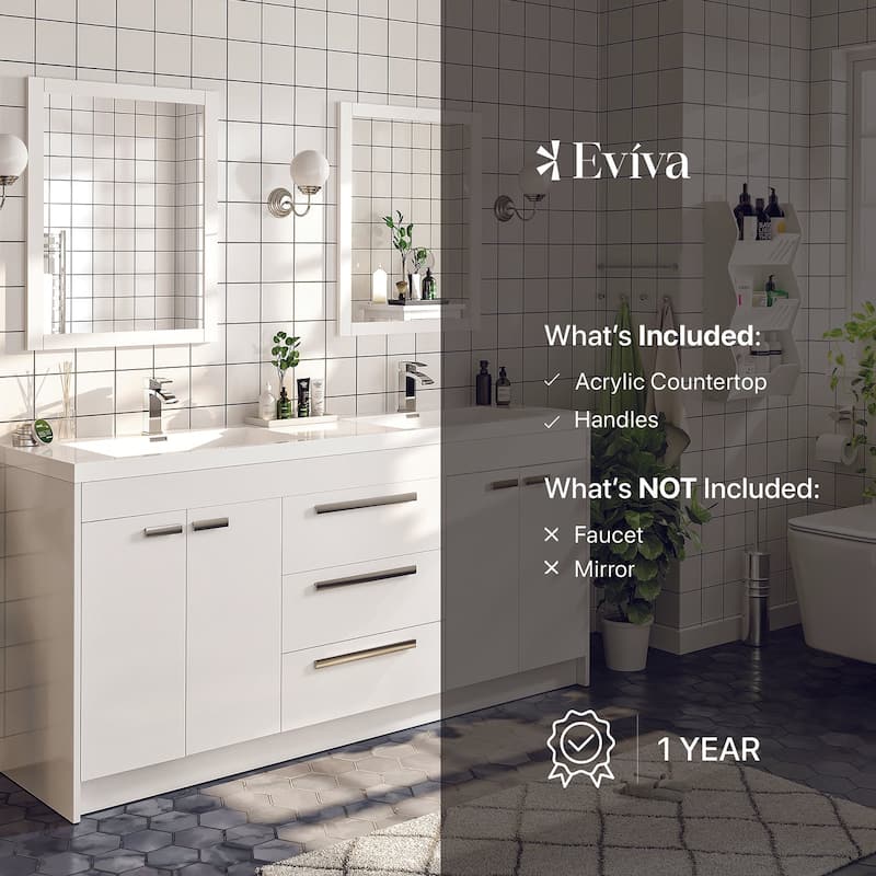 Eviva Lugano 60 inch White Modern Double Sink Bathroom Vanity with White Integrated Acrylic Top
