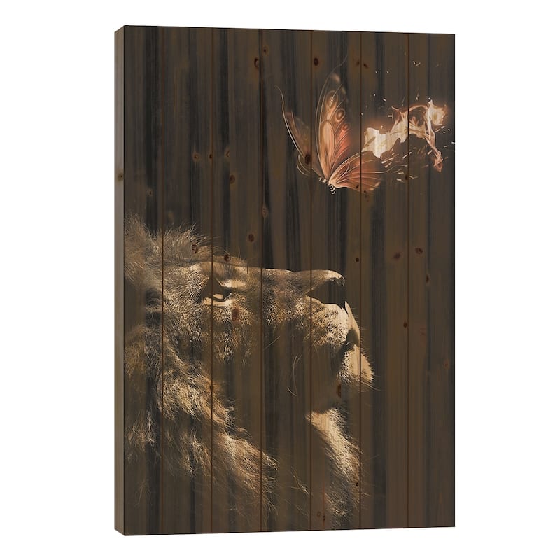 Lion Butterfly Print On Wood by Zenja Gammer - Multi-Color - 26x18x1.5