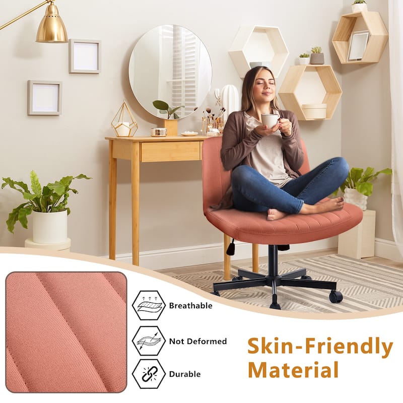 Bossin Criss Cross Chair Armless Office Desk Chair with Wheels,Fabric Padded Cross Legged Chair, Swivel Wide Seat Vanity Chair
