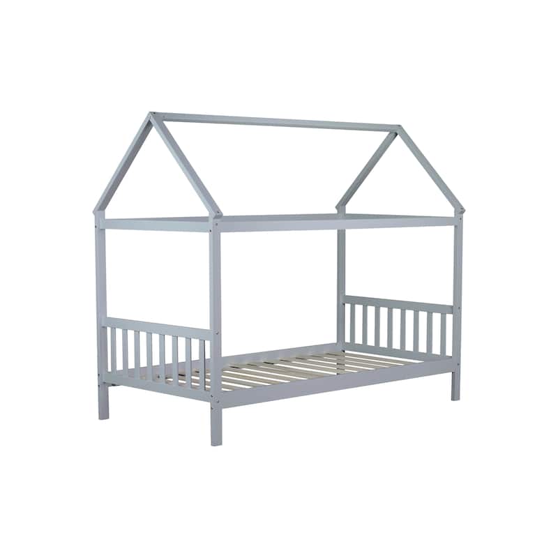 Twin House Bed with Headboard and Footboard, Twin Rubber Wood Bed with House Frame