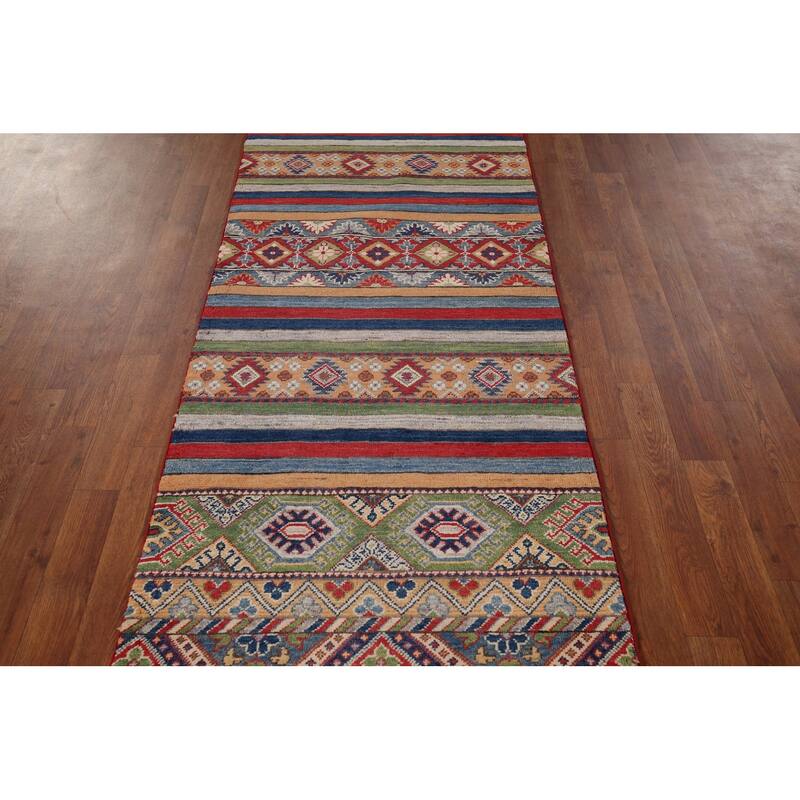 Striped Kazak Oriental Runner Rug Hand-Knotted Wool Carpet - 2'8" x 9'5"