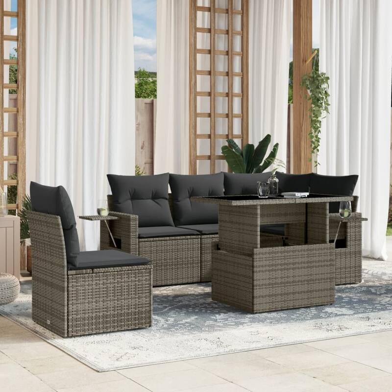 vidaXL Patio Sofa Set with Cushions Outdoor Furniture 6 Piece Poly Rattan - 21.7 x 39.4 x 28.7 - Grey