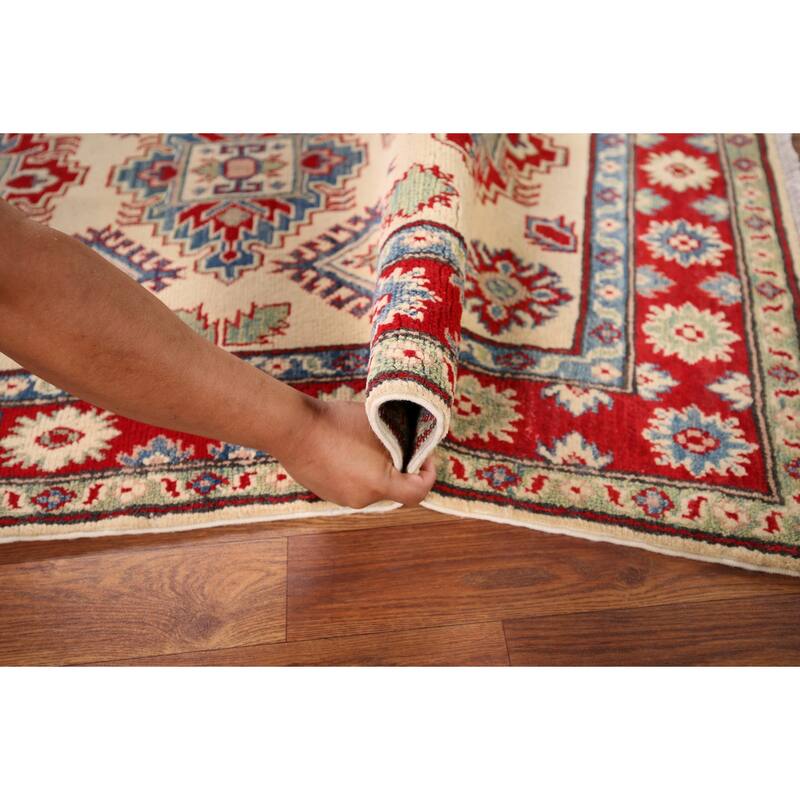 Ivory Geometric Kazak Oriental Accent Rug Handmade Wool Carpet - 3'3" x 5'0"