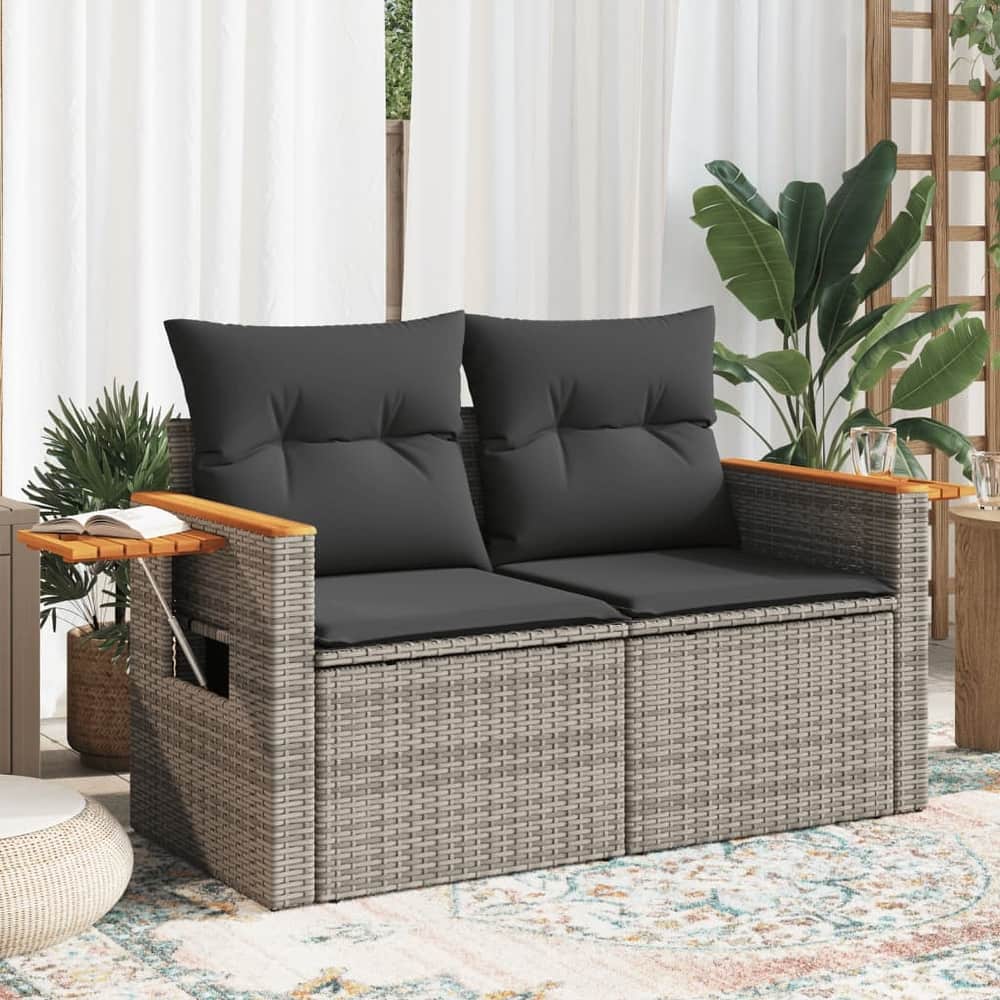 vidaXL Patio Sofa with Cushions Outdoor Seat Sectional Sofa 2-Seater Poly Rattan - 24.4 x 48.8 x 27.2 in
