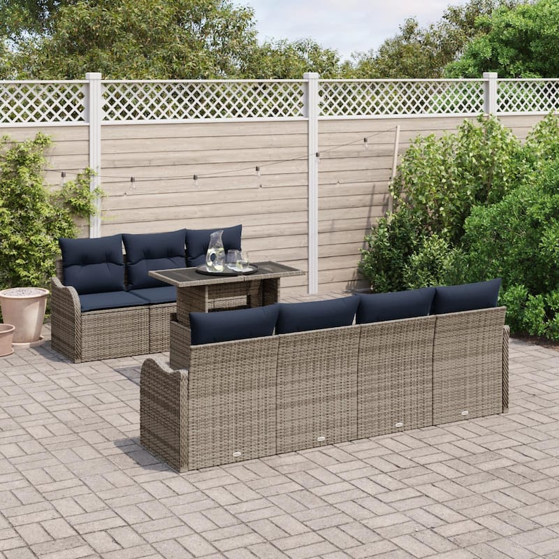 vidaXL 8 Garden Sofa Set with Cushions Black/Brown/Grey Poly Rattan - 90.9 x 24.4 x 27.2