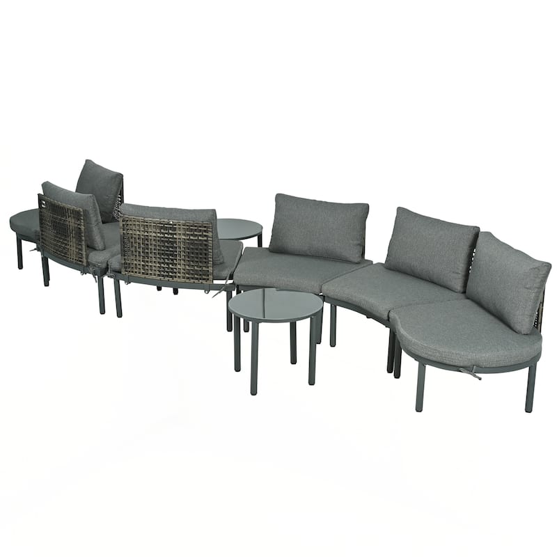 8-Piece Patio Sofa Furniture Set, Half Moon Outdoor Sectional Sofa with 2 High-Low Coffee Tables, PE Wicker Rattan