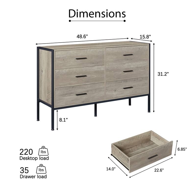 Wood Dresser with 6 Drawers, Solid Clothes Cabinet with Sturdy Steel Frame, 48.58"W×15.75"D×31.22"H, 48 inch, Rustic Grey