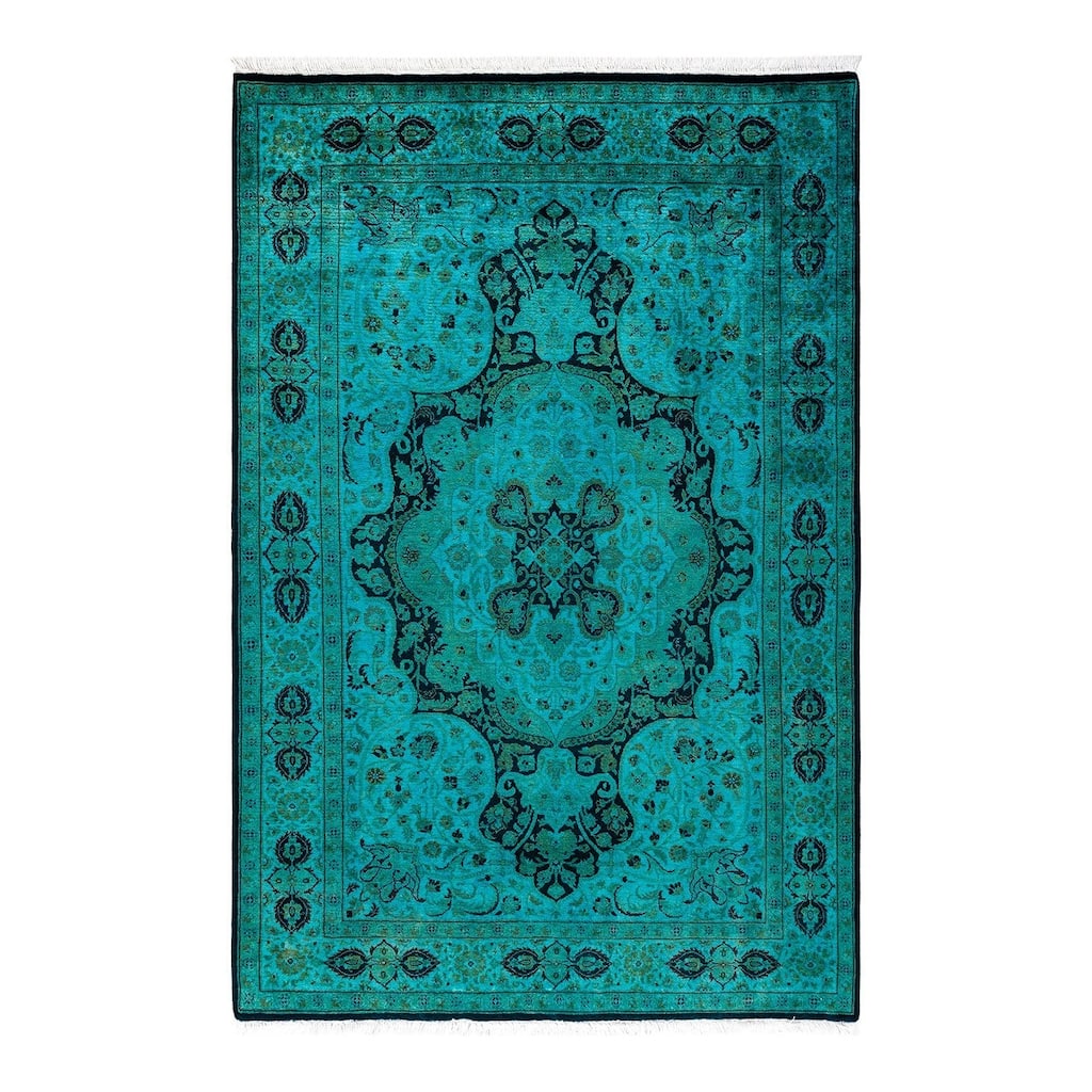 Overton Hand Knotted Wool Vintage Inspired Modern Contemporary Overdyed Blue Area Rug - 4' 2" x 6' 4"
