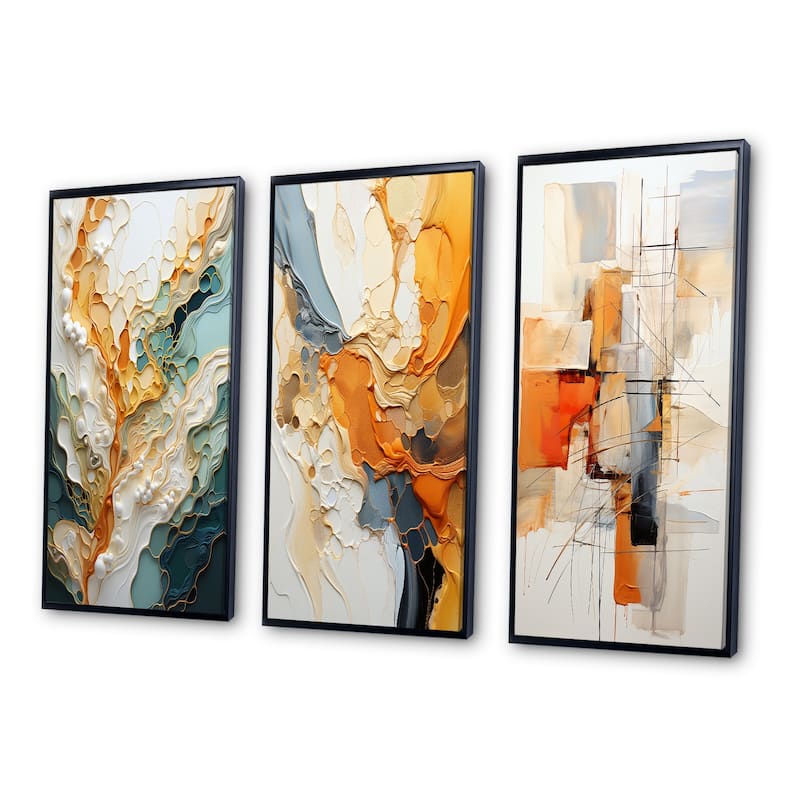 Designart "Orange White Line Art Organic Abstraction" Abstract Framed Wall Art Set Of 3 For Living Room Decor