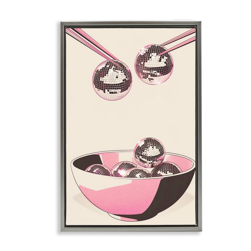 Stupell Disco Bowl Meal with Chopsticks Framed Floater Canvas Wall Art Design By Arlington Prints - 21 x 31 - Grey