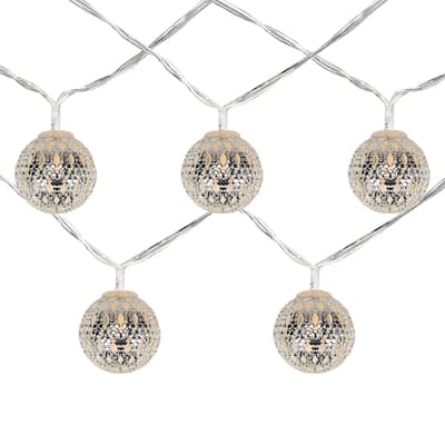 10 B/O LED White Silver Ball Christmas Lights - 6.25 ft Clear Wire