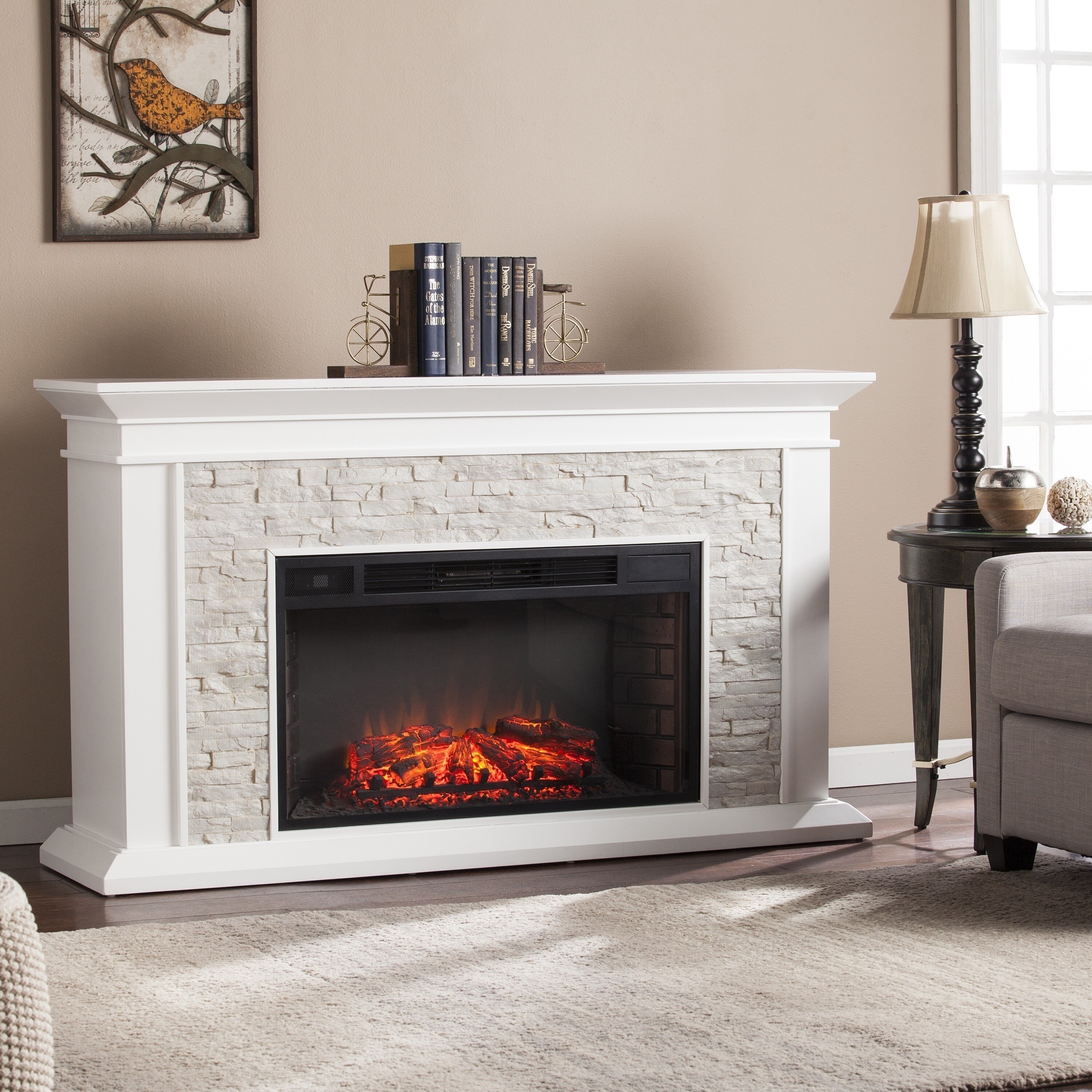SEI Furniture Horse Mountain 60-inch White Electric Fireplace with Stone Accents and Ivory Mantel