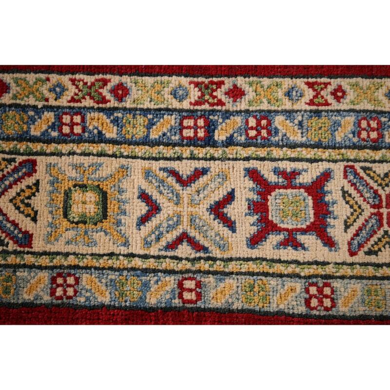 Red Geometric Kazak Foyer Rug Handmade Wool Carpet - 3'3" x 5'0"