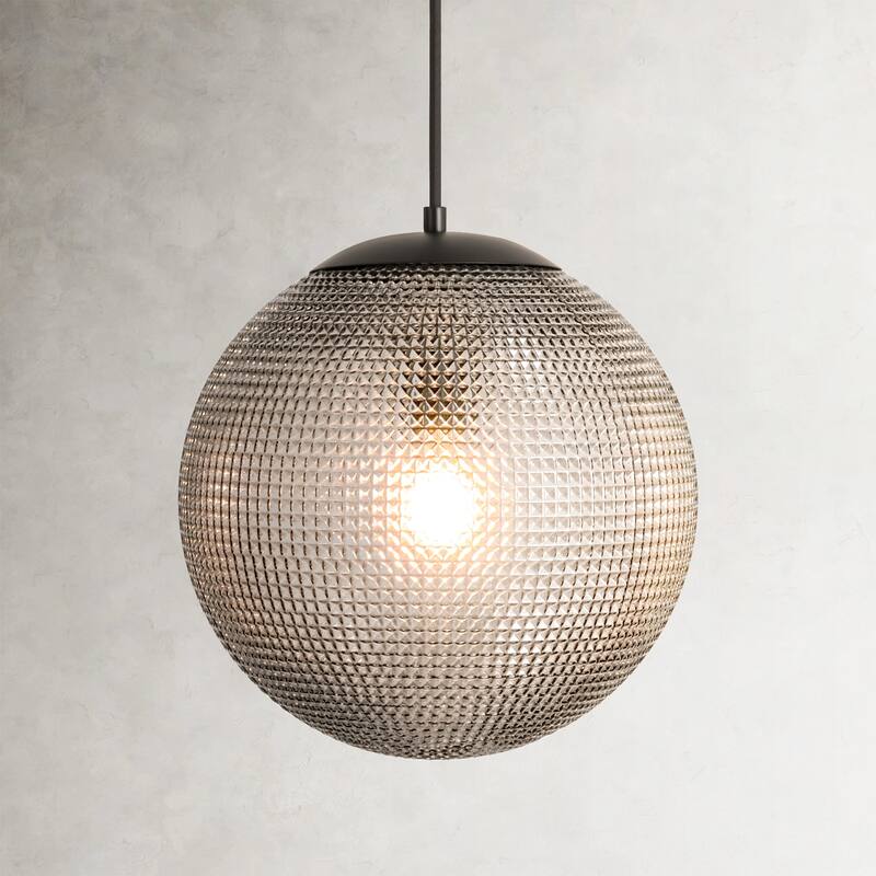 1-Light Modern Indoor Matte Black Finish Kitchen Island Pendant Lights with Globe Diamond Textured Grey/Clear Glass Shade
