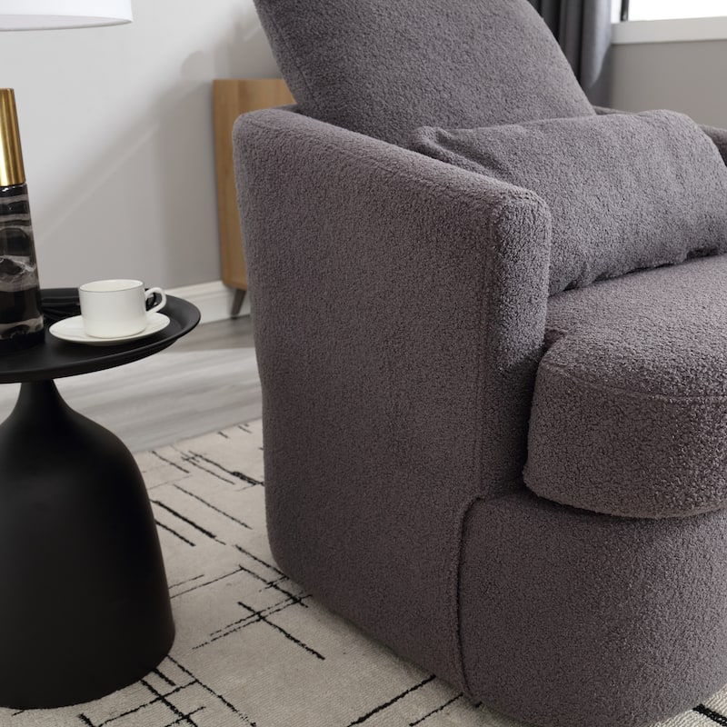 Swivel Barrel Chair with 2 Pillows, Teddy Fabric Upholstered Club Chair, Lounge Sofa Chair with Round Armrests & Backrest