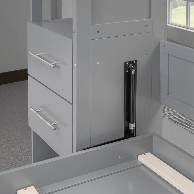 Queen Size Murphy Wall Bed with Shelves, Drawers and LED Lights, Space-Saving Foldable Bed for Guest Room or Home Office