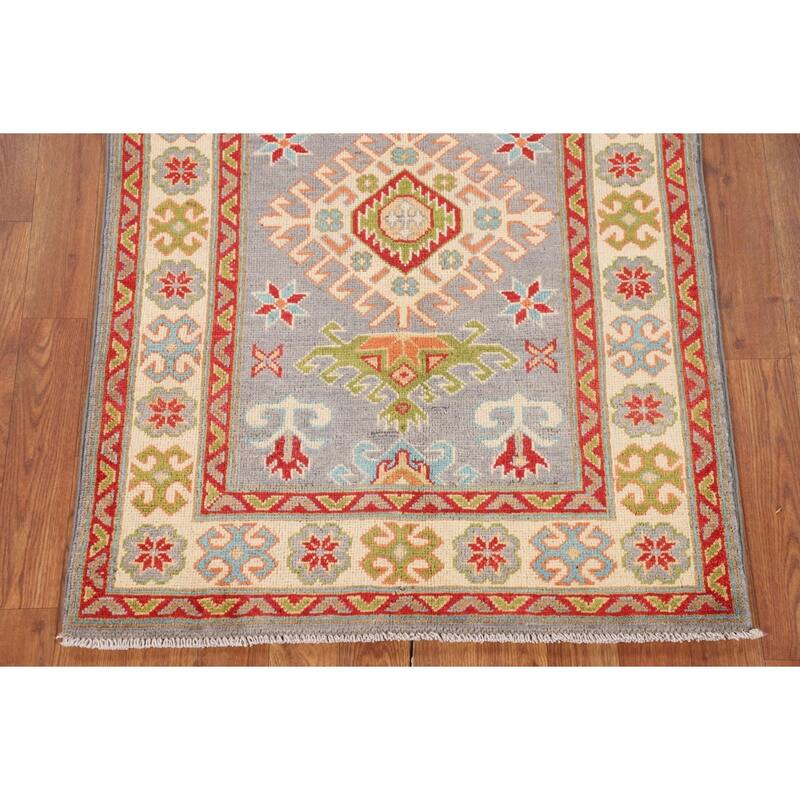 Gray Geometric Kazak Oriental Accent Rug Handmade Wool Carpet - 2'8" x 3'11"