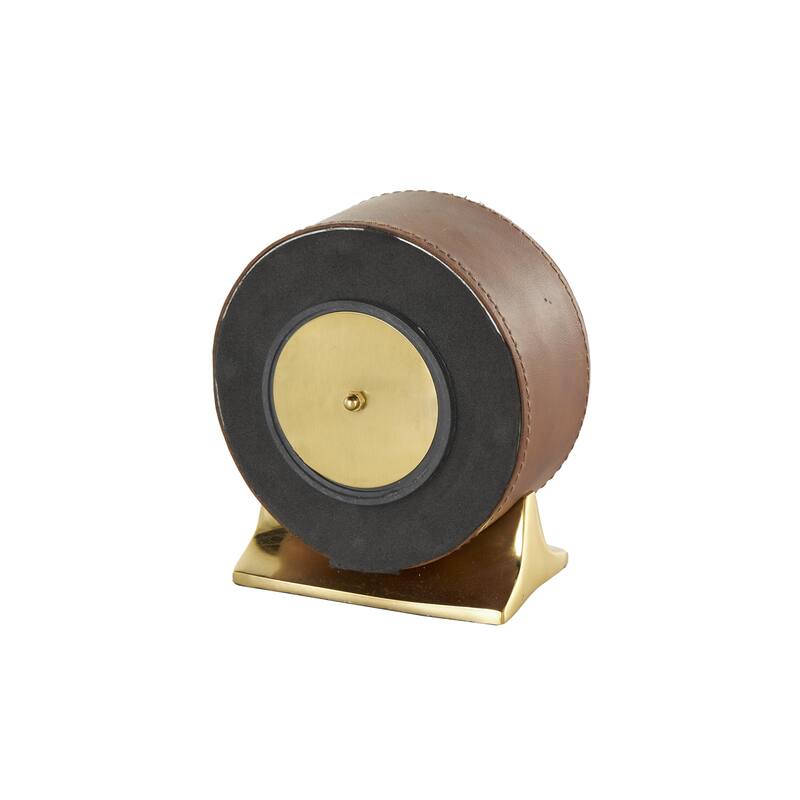 Faux Leather Round Decorative Clock with Gold Rectangular Base - Brown or Black - Roche River Decor