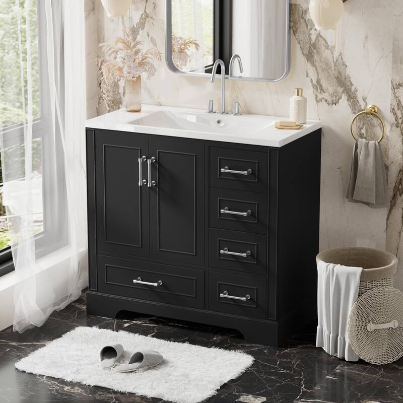 36-inch Traditional Bathroom Vanity with Resin Sink Combo Set, Black Bathroom Cabinet with Two Doors and Four Drawers，Black