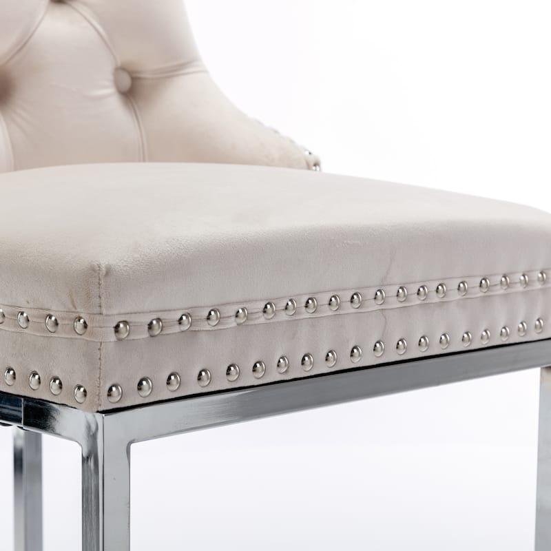 Counter Height Bar Stools Set of 2, Velvet Upholstered Accent Chairs with Button Back, Rivet Trim and Chromed Metal Base Legs