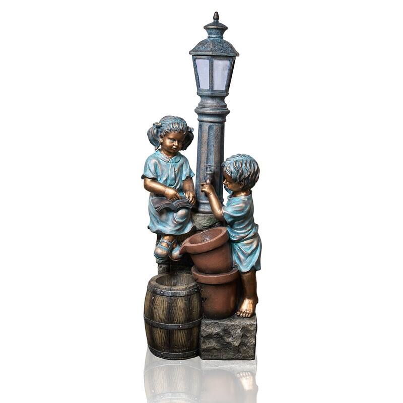 Storybook Outdoor Water Fountain with Boy and Girl Sculpture, Warm LED Lamp Post and Soothing Water Flow