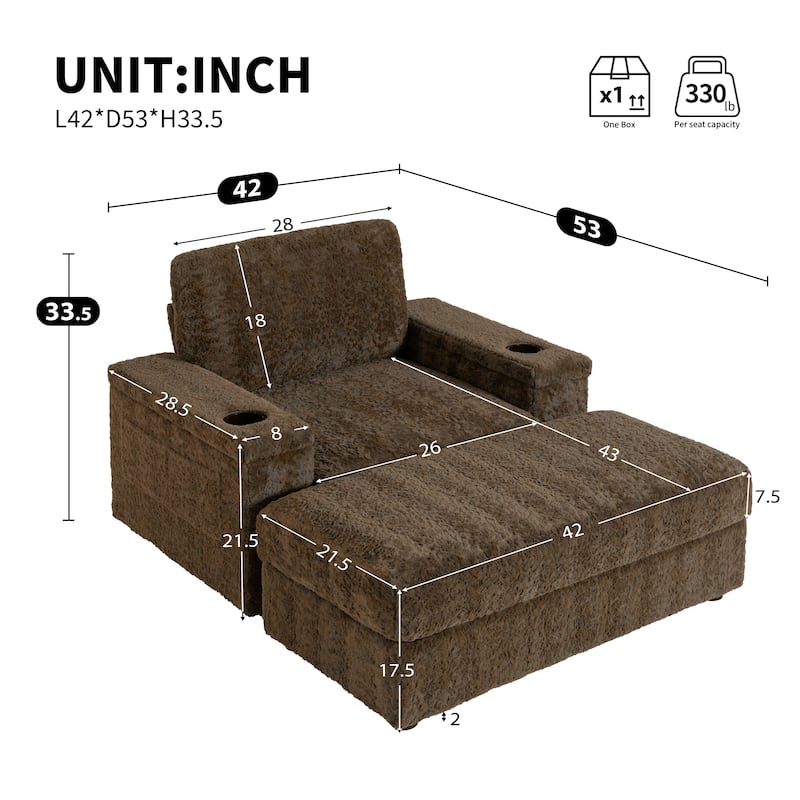 Roomfitters Oversized Chaise Lounge Sofa Bed with Ottoman, Faux Fur Sleeper Chair with Cup Holders